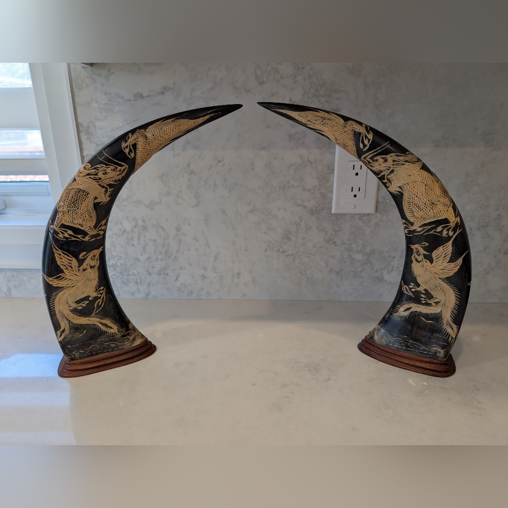 Pair of Mounted Carved Water Buffalo Horns with Dragons and Phoenix Design